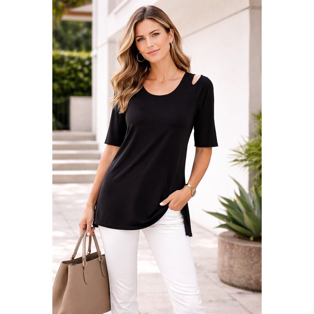 Clara Sun Woo Womens XS Black Tunic Top Cold Shoulder Stretch Knit USA Travel